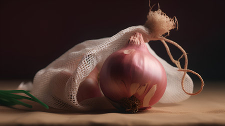 Still life with onion bulbs and string bag on a brown background.の素材