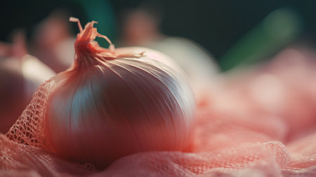 Shallot onion on fabric background. Selective focus. Toned.の素材
