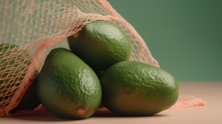 Ripe avocados in a mesh bag on a green backgroundの素材