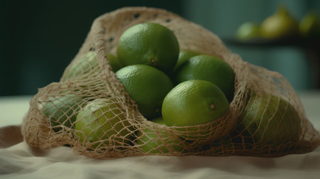 Fresh green limes in a string bag on the table in the kitchenの素材