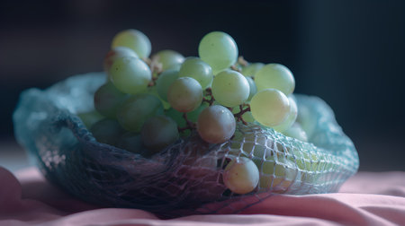 Green grapes in a basket on the table. Selective focus.の素材