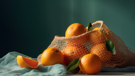 Fresh oranges in a mesh bag on a dark background. Copy space.の素材
