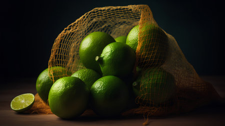 Fresh limes in a net bag on a dark background. Toned.の素材