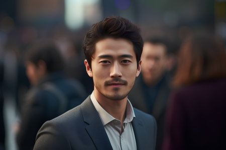 business, people and lifestyle concept - close up of handsome young asian man in suit on city streetの素材