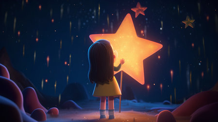 Little girl in the rain with a star. 3D rendering.の素材