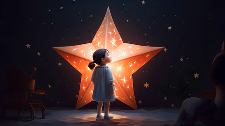3d illustration of a little girl looking at a star in the night skyの素材