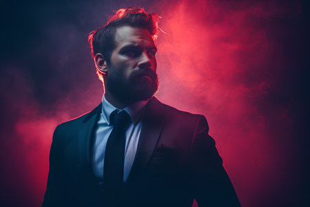 Portrait of a handsome bearded man in a suit on a red background.の素材