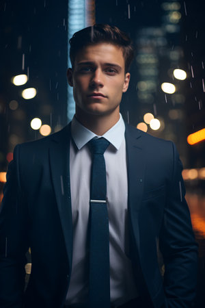 Portrait of a young businessman standing in the rain at night.の素材