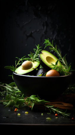 Fresh ripe avocados with herbs and spices on a black backgroundの素材