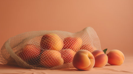 Fresh apricots in a mesh bag on a beige backgroundの素材