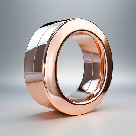 3d render of golden ring on grey background. Metallic ring.の素材