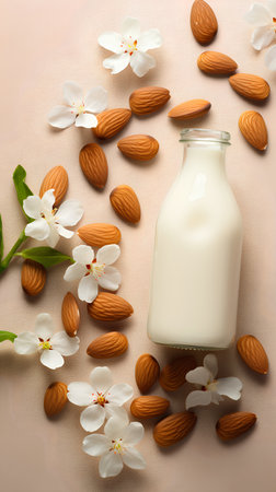 Almond milk in a glass bottle with almonds and flowers on a light backgroundの素材