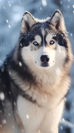 Siberian husky dog in winter forest. Portrait of Siberian husky with blue eyes.の素材
