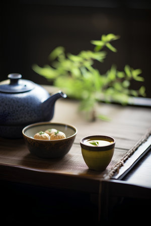 Japanese tea ceremony with teapot and matcha green tea.の素材