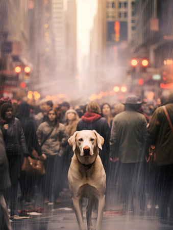 A shot of a dog walking in the street in New York City.の素材