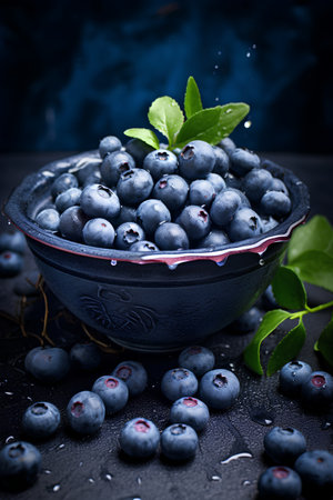 Fresh blueberries in a bowl on a dark background. Selective focus.の素材