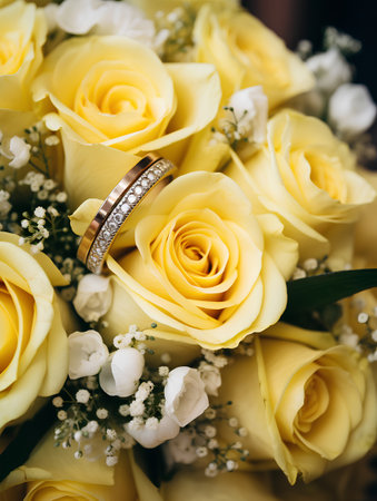 wedding rings on a bouquet of yellow roses close upの素材
