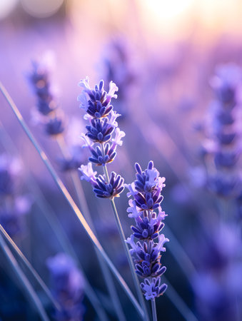 Lavender flowers blooming in the lavender field at sunsetの素材
