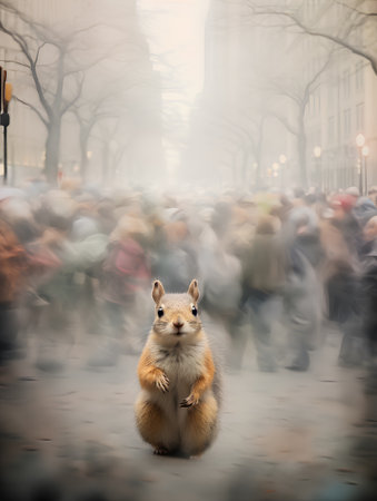 Squirrel on a city street with crowd of people in the backgroundの素材
