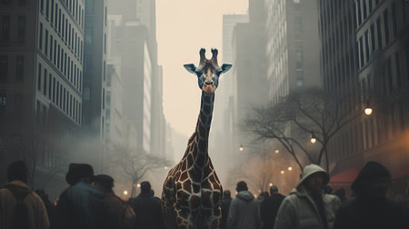 Giraffe in the city at night. 3d rendering.の素材