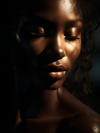 Beautiful african american woman with golden skin on dark backgroundの素材