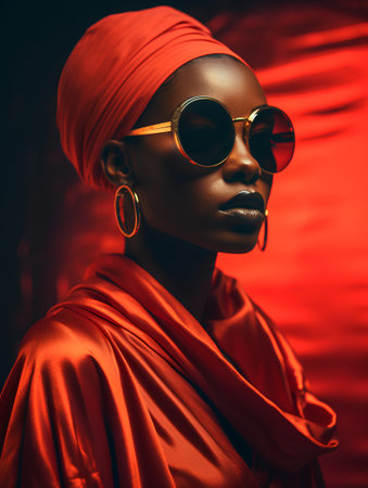 Fashionable african american woman in a red turban and sunglassesの素材