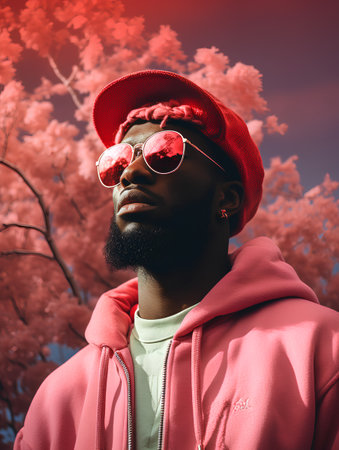 Handsome african american man in red cap, sunglasses and pink jacket on nature background.の素材