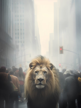 Lion in the middle of a crowd of people in New York Cityの素材