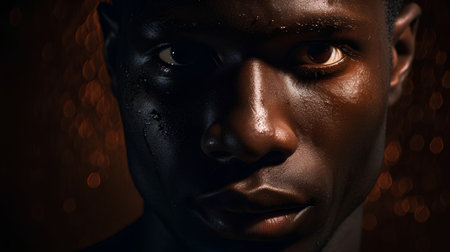Close up portrait of a handsome african american man with wet skin.の素材