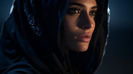 Portrait of a beautiful muslim woman in a black hijab.の素材
