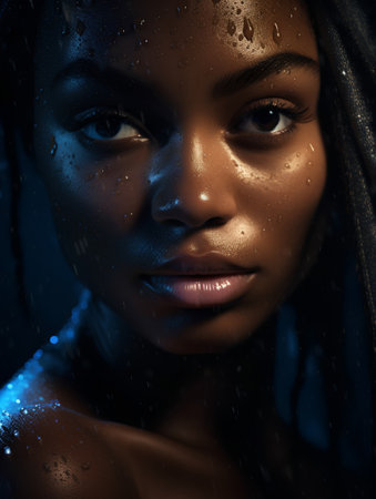 Portrait of beautiful african american woman under water drops.の素材