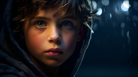 Portrait of a young boy in a hood. Studio shot.の素材