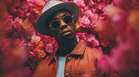 Fashionable african american young man in a hat and sunglasses on a background of spring flowersの素材