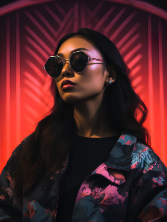 attractive asian woman in sunglasses looking at camera on neon backgroundの素材