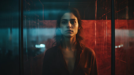 Portrait of a young woman in a dark room with neon lightの素材