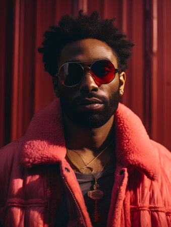 Handsome african american man in sunglasses and pink jacket on red backgroundの素材