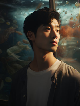 young asian man looking at camera while standing near aquarium with fishesの素材