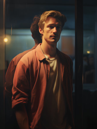 Portrait of a handsome young man standing by the window at nightの素材