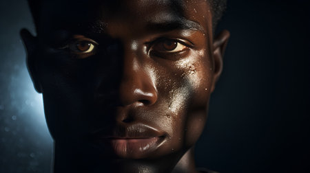 Close-up portrait of a young african american man with golden skin.の素材