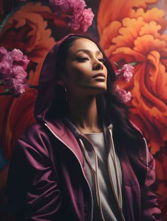 Beautiful asian woman in pink coat with flowers on background.の素材