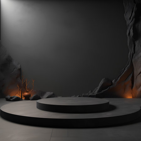 3d rendering of black podium for product presentation in the dark roomの素材