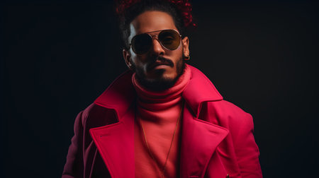 Photo for stylish african american man in pink coat and sunglasses isolated on black - Royalty Free Image