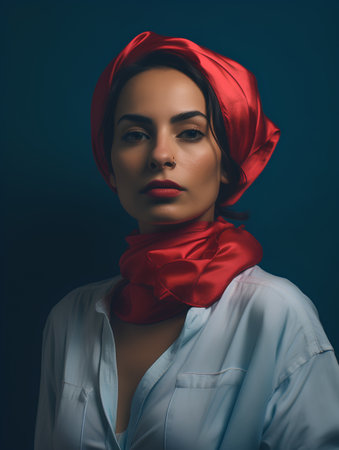 Portrait of a beautiful young woman in a turban and a white shirt.の素材