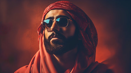 Portrait of a bearded man in sunglasses on a red background.の素材