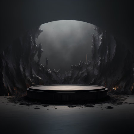 Podium in dark room with smoke. 3d render illustration.の素材
