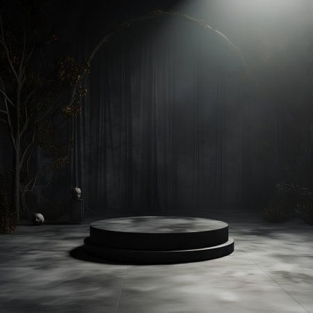 Black podium on the floor in the dark forest. 3D renderingの素材