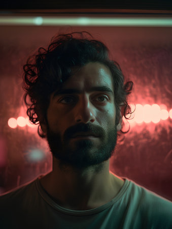 Portrait of a young man with curly hair and beard in a nightclub.の素材