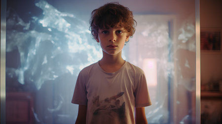 A portrait of a boy in a dark room. A child in a white T-shirt.の素材