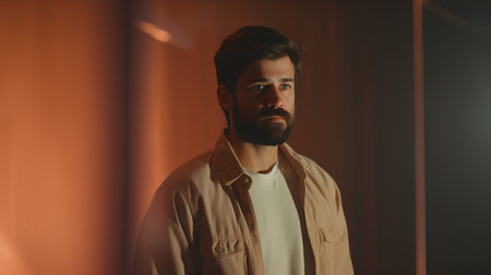 Portrait of a handsome young man with a beard and mustache in a beige jacket on a dark backgroundの素材