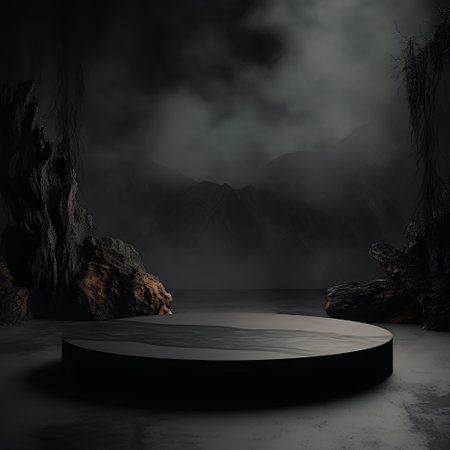 Black pedestal in the dark forest. 3D illustration. 3d renderingの素材